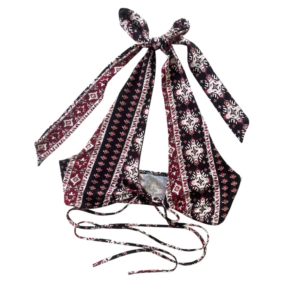 Junie Clothing Women OS Red Black Cream Boho Print Halter Tie Neck Bust Crop Top